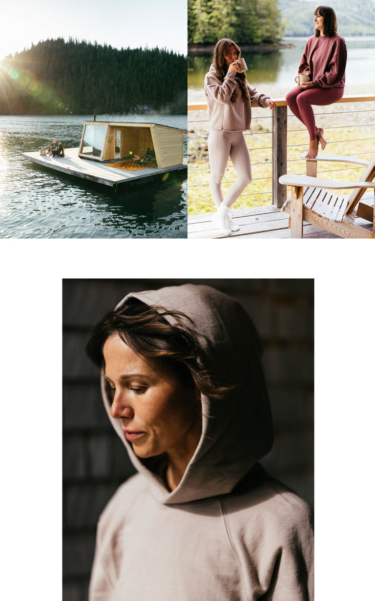 Collage of a woman in a Homerun Hoodie by a lake, a floating sauna on water, and 2 women in Left On Friday activewear.
