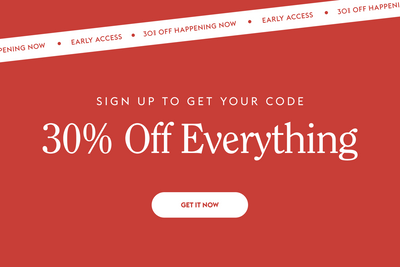 Red promotional banner with white text offering a 30% discount and a call to action to sign up for an early access code.