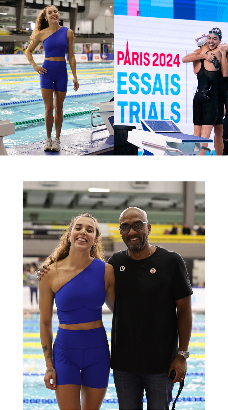Mary-Sophie Harvey in blue Left On Friday Super Moves outfit standing on a pool deck with 'Paris 2024 Essais Trials' sign in the background.