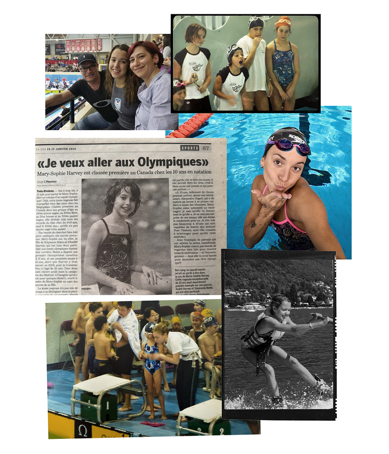 Collage of images of Mary-Sophie Harvey featuring people at a swimming pool and newspaper article.