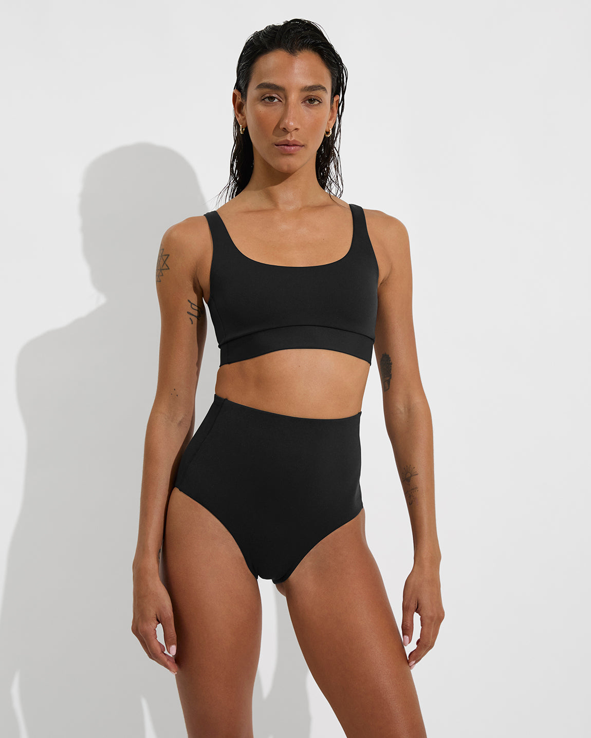 bandeau bikini top with high waisted bottoms