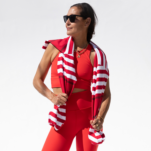 League Shirt Cropped - Red/White Multi Stripe + Tone Tank + Super Moves Tight - Sweet Chili Heat (Size S)