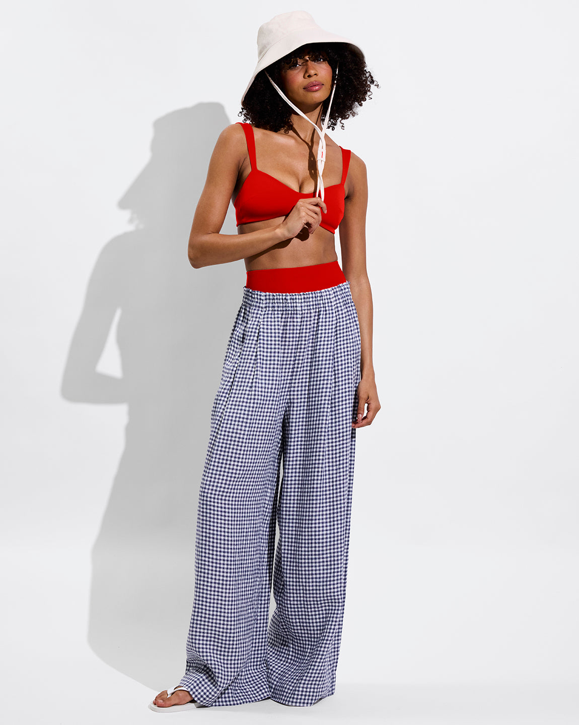 La Plage Top - Sweet Chili Heat + Coastal Pant - Gingham: Varsity/Coconut (Size S) + Shady Bucket Hat - Sugar