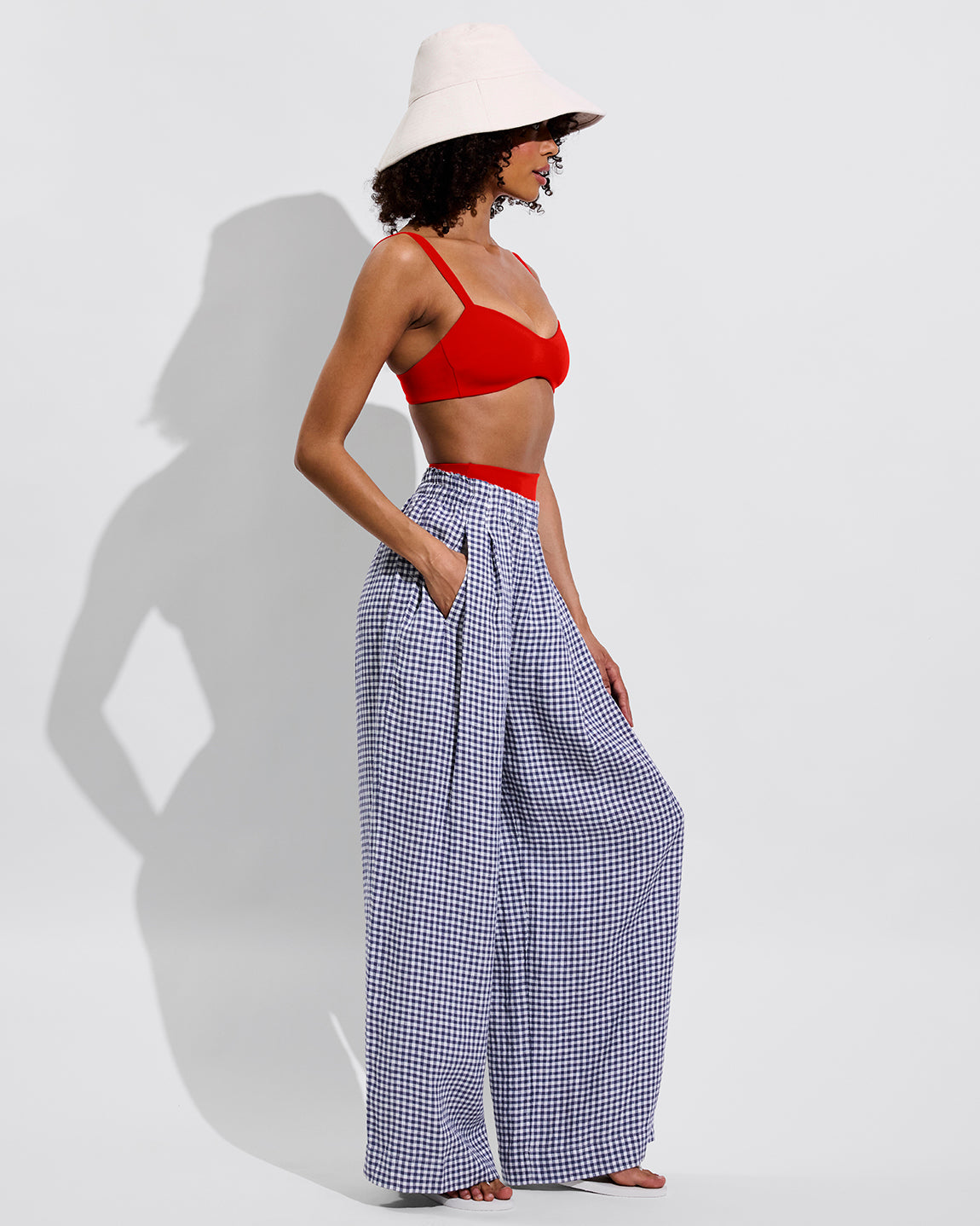 La Plage Top - Sweet Chili Heat + Coastal Pant - Gingham: Varsity/Coconut (Size S) + Shady Bucket Hat - Sugar