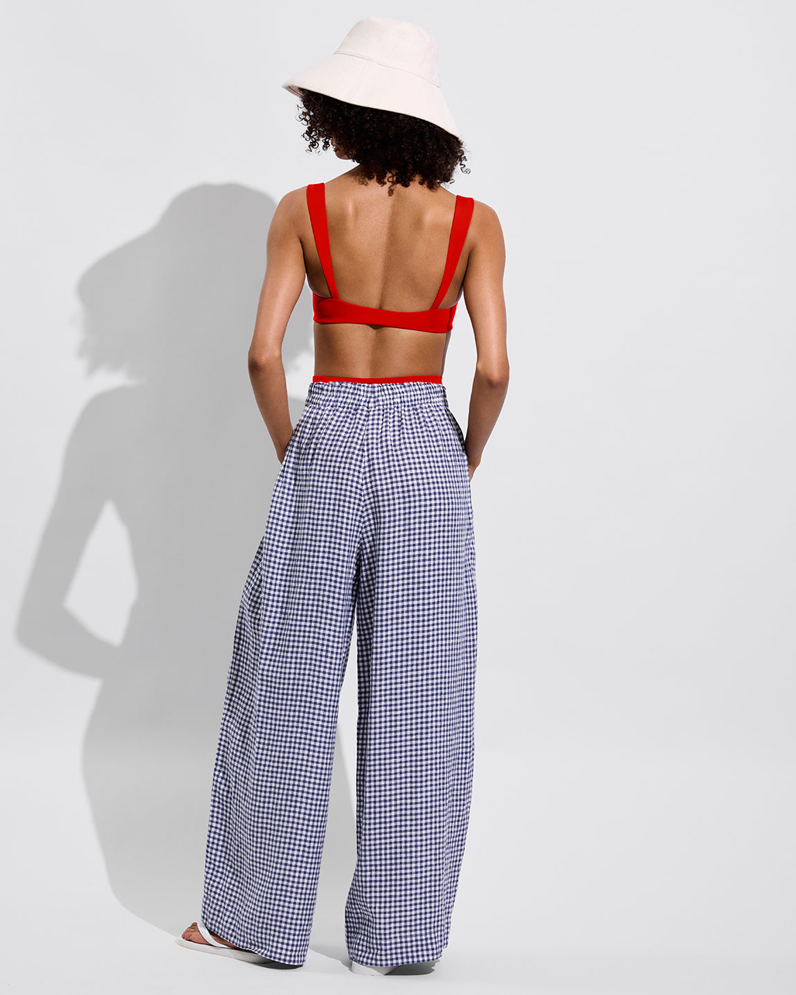 La Plage Top - Sweet Chili Heat + Coastal Pant - Gingham: Varsity/Coconut (Size S) + Shady Bucket Hat - Sugar