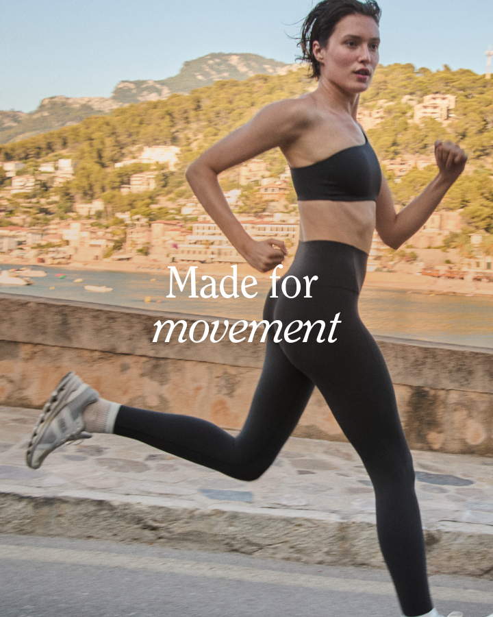 Woman running outdoors in Offshore Top and Super Moves Tight in Jet with 'Made for movement' text overlay