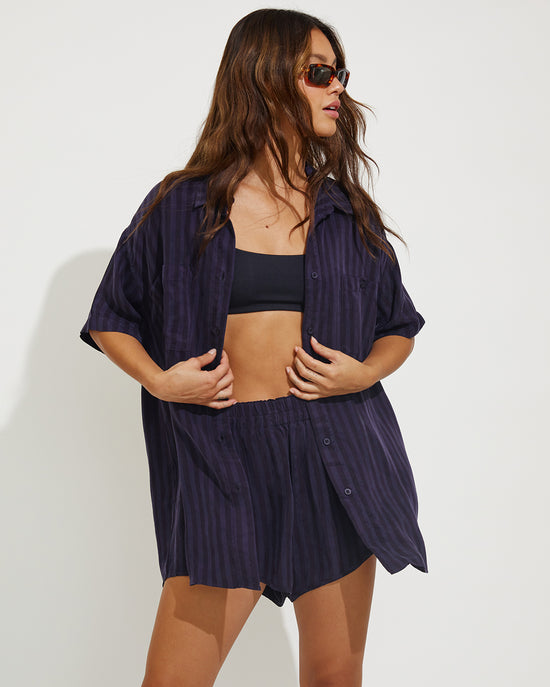 Pool Days Top - Jet + Day Trip Button Down + Day Trip Short - Dark Sprint Stripe (Size S)