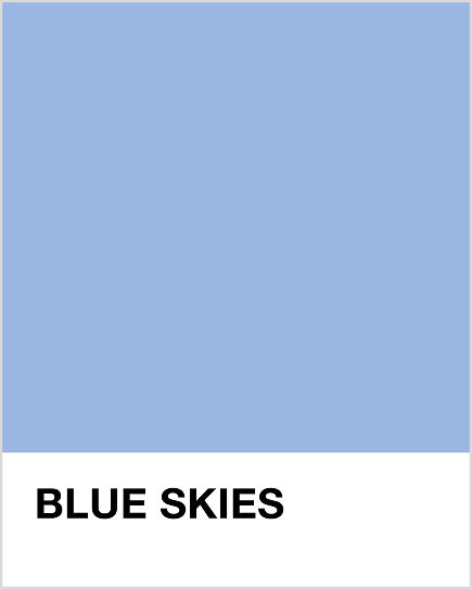 Solid light blue colour swatch with 'BLUE SKIES' label