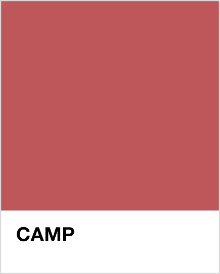 Solid red color swatch with 'CAMP' text on a white background