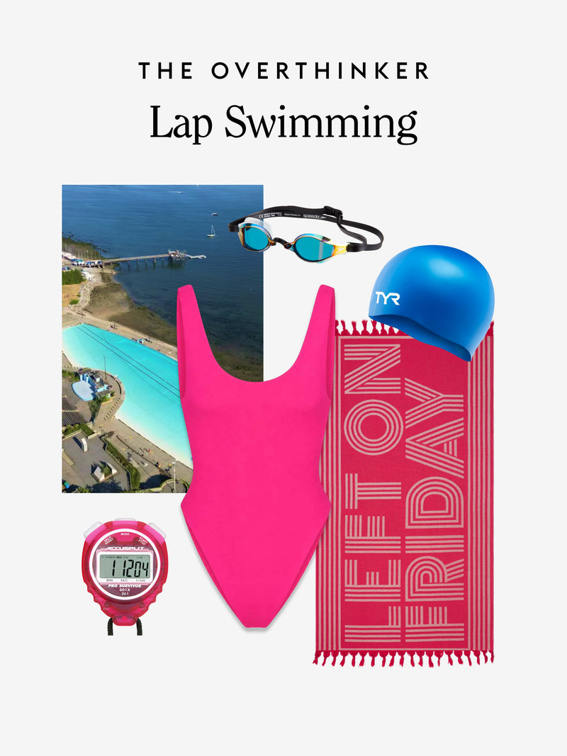 A flat-lay graphic collage for 'THE OVERTHINKER Lap Swimming' featuring a bright Hot pink Betty Suit swimsuit, a blue TYR swim cap, black and blue swim goggles, a pink digital lap watch, and a red striped towel with 'LEFT ON FRIDAY' text, set against a light gray background.