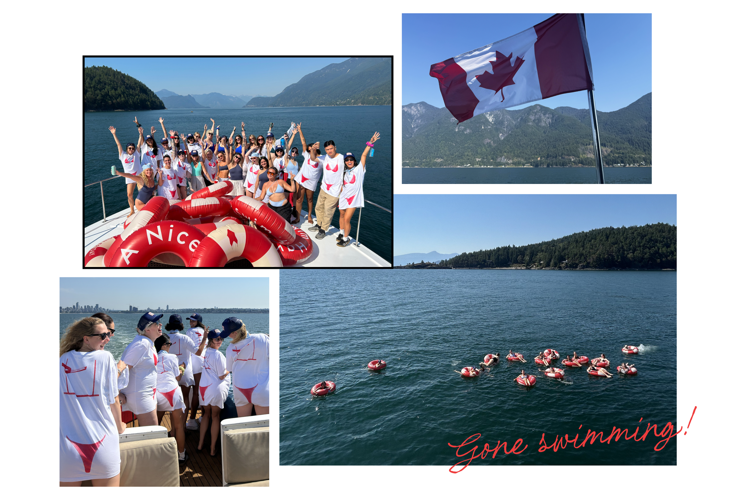 Collage of people on a boat with inflatable rafts, a Canadian flag, and text 'Gone swimming!' with scenic background.