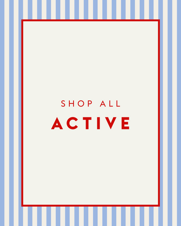 Text 'SHOP ALL ACTIVE' on a white background with blue and red border