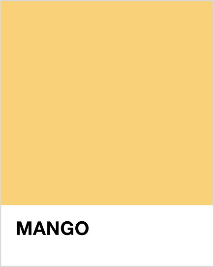 Solid yellow colour swatch with 'MANGO' text on a white background