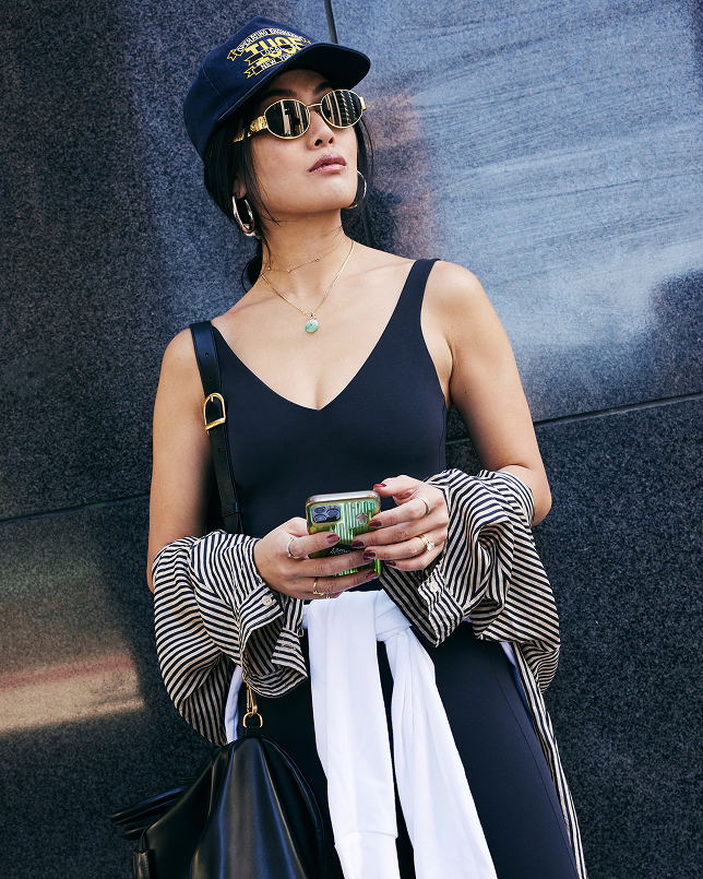 Plunge Playsuit in Jet with striped shirt 