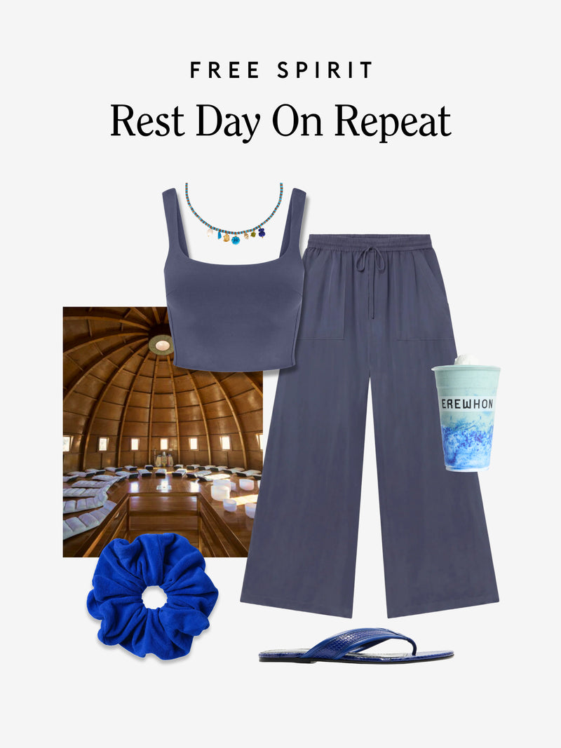 A styled outfit collage on a light gray background with the text 'FREE SPIRIT Rest Day On Repeat' at the top. The main product appears to be a matching lounge set: a navy Varsity blue Replay Tank and Playaway sport silk pant.