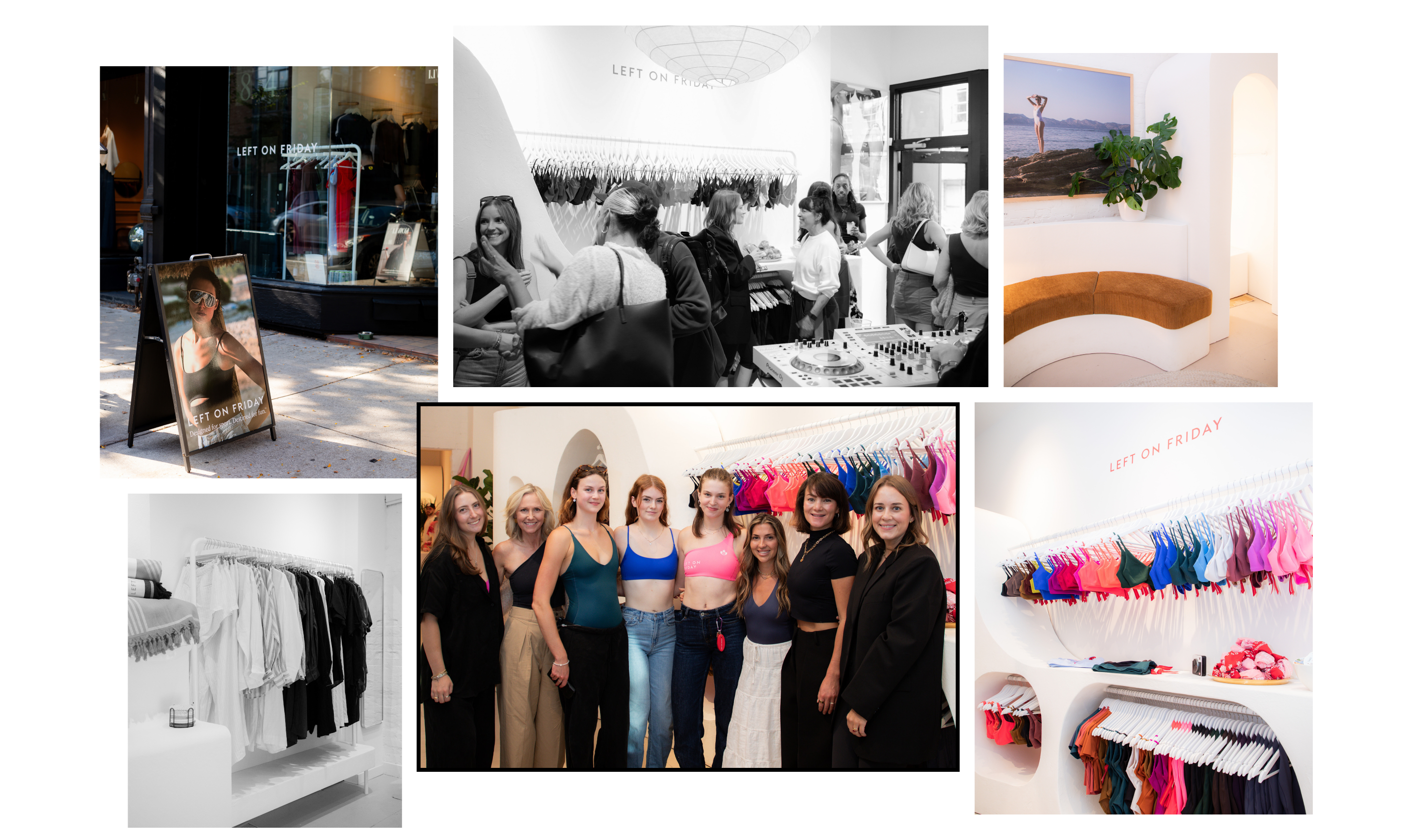 Collage of images including a Left On Friday stores exterior, interior displays, and people in a store.