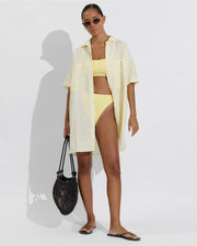 Getaway Mini Dress - Bungalow Stripe: Melt / Coconut (Size S/M) + Pool Days Top D+ (32DD) + Throwback Bottom - Melt (Size S)
