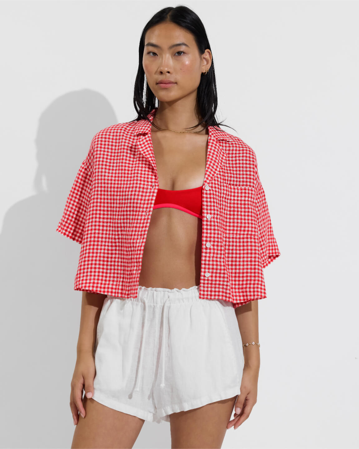 Leisure Shirt - Gingham: Sweet Chili Heat / Coconut (Size S/M) + Club Top Micro - Rescue / Sweet Chili Heat + Getaway Short 2.5" - Coconut (Size S)