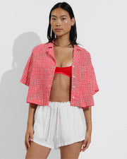 Leisure Shirt - Gingham: Sweet Chili Heat / Coconut (Size S/M) + Club Top Micro - Rescue / Sweet Chili Heat + Getaway Short 2.5" - Coconut (Size S)
