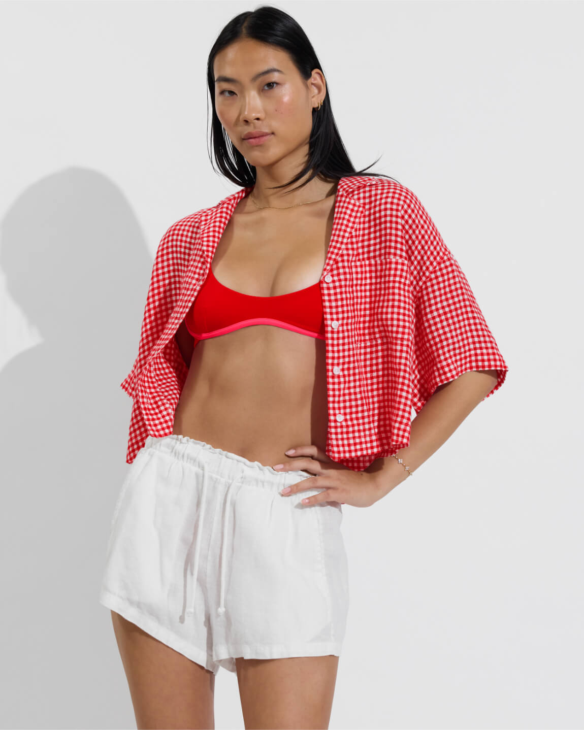 Leisure Shirt - Gingham: Sweet Chili Heat / Coconut (Size S/M) + Club Top Micro - Rescue / Sweet Chili Heat + Getaway Short 2.5" - Coconut (Size S)