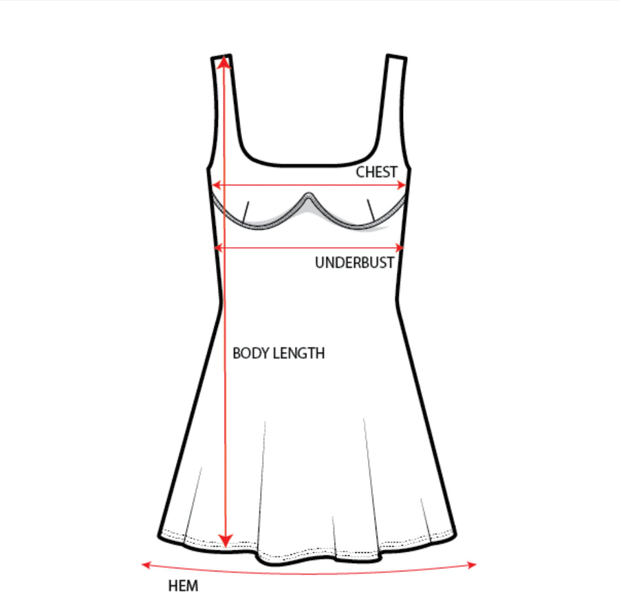 Measurement chart for club dress with labeled parts on a white background