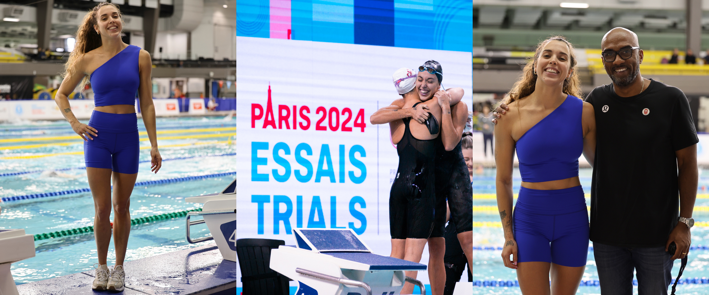 Mary-Sophie Harvey in blue Left On Friday Super Moves outfit standing on a pool deck with 'Paris 2024 Essais Trials' sign in the background.