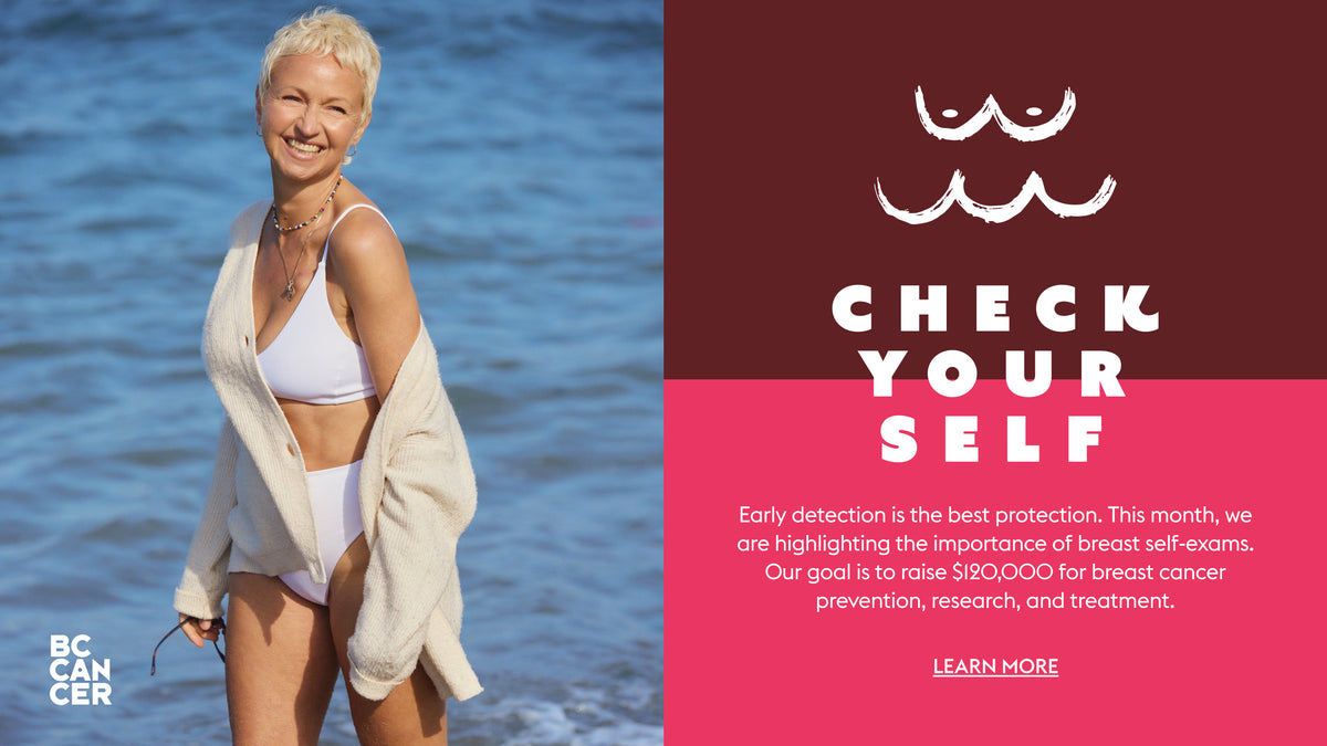 A promotional graphic split into two sections: on the left, Ashleigh Ball stands in the ocean wearing a Sunday Top and Hi Hi Bottom in Coconut; on the right, a dark red and pink panel contains breast self-exam graphics and text reading 'CHECK YOUR SELF' and 'BC CANCER'.
