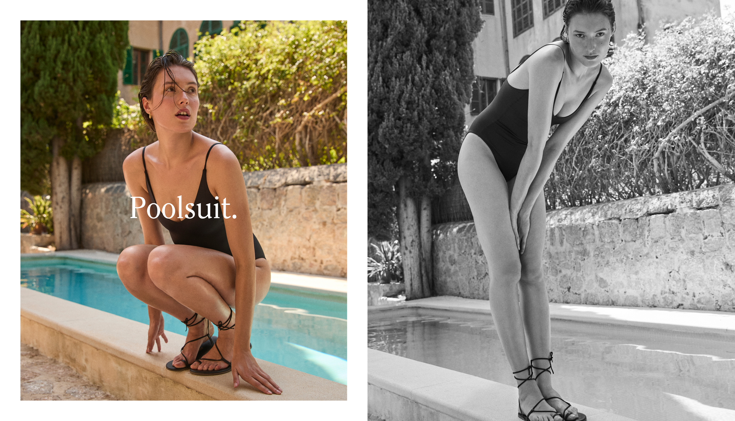 Woman in a black Sunday Suit by a pool with 'Poolsuit' text.
