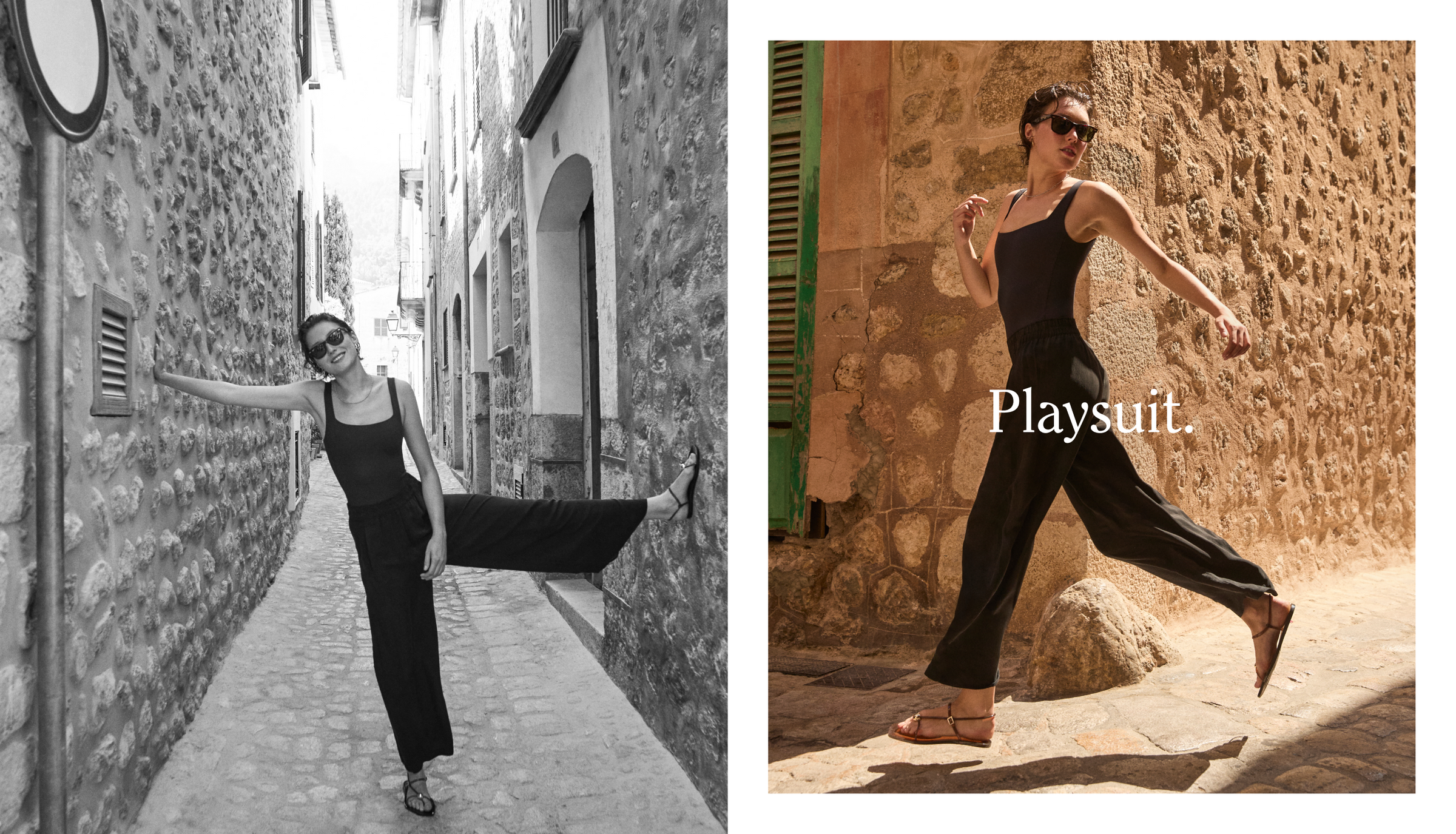 Woman in a black Streamline Suit and Sheer Stripe Day Trip pant walking through an alleyway, with 'Playsuit' text overlay.