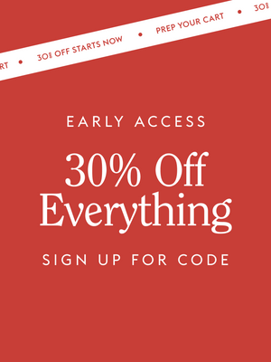 Red promotional banner with white text offering 30% off everything and a call to action to sign up for a code.