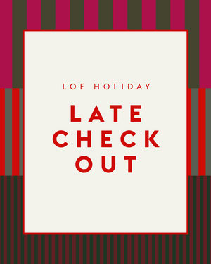 Cover with 'LOF Holiday Late Check Out' text on a striped background