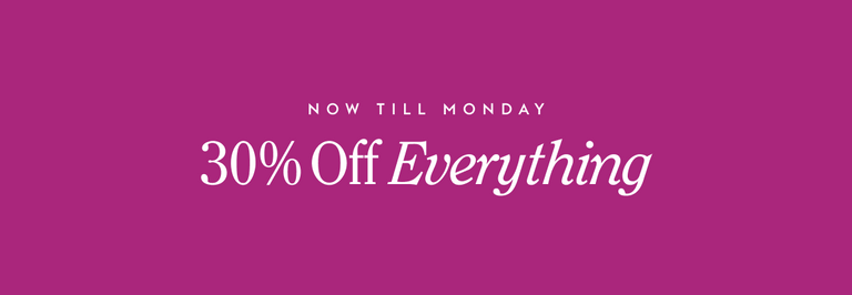 Promotional banner with '30% Off Everything' offer until monday on a magenta background