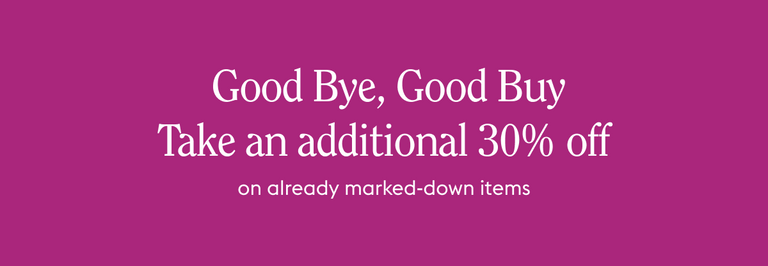 Promotional banner for Good Bye, good Buy with a '30% Off' offer on already marked down items on a magenta background