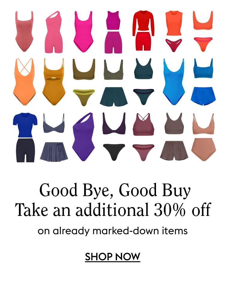 Collection of swimsuits and clothing items with Good bye, Good Buy 30% off on already marked down items offer on a white background
