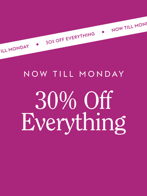 Promotional banner with '30% Off Everything' offer till Monday on a magenta background