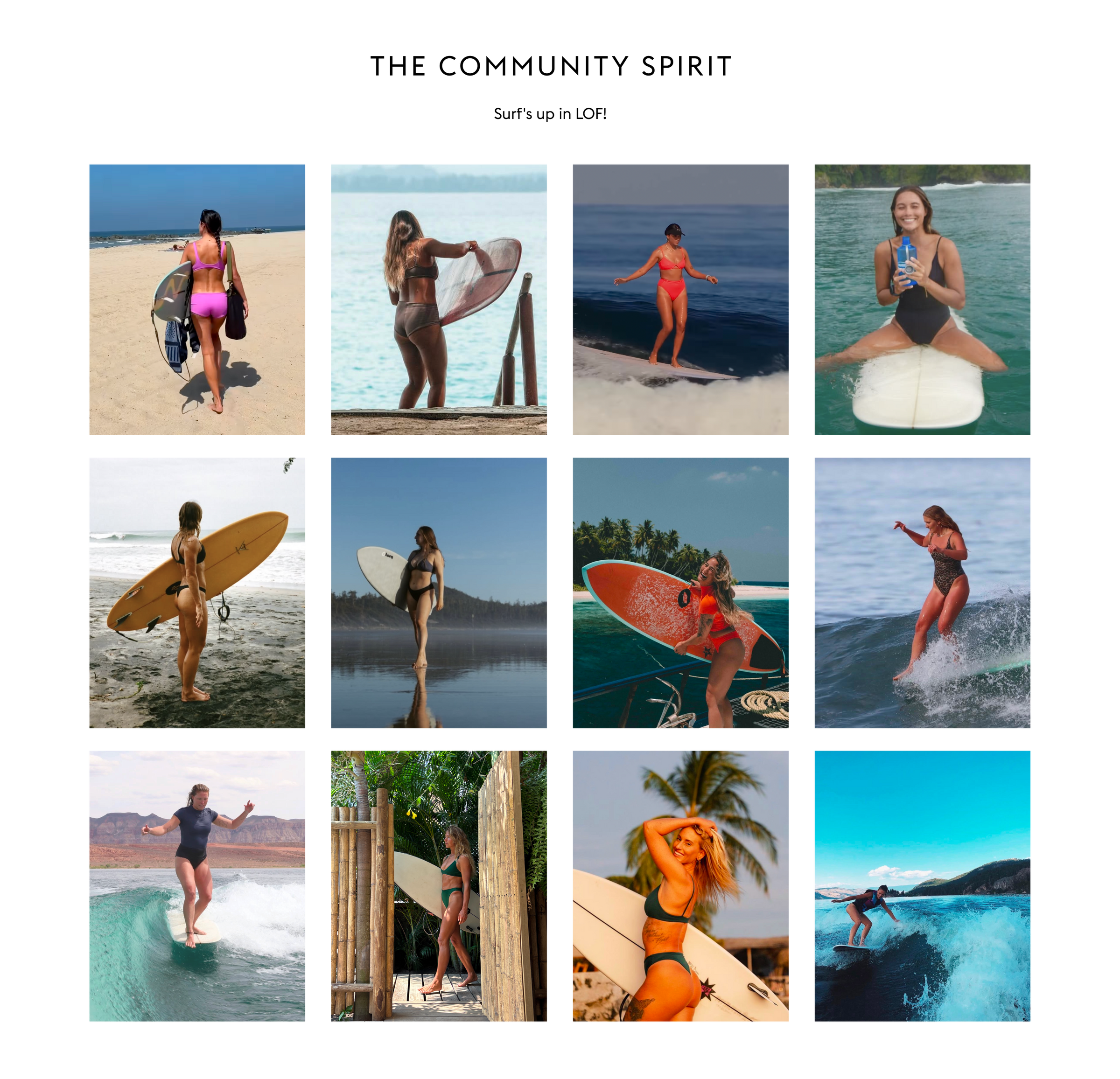 A 3x4 grid of twelve beach and ocean surf-themed photos with the headline 'THE COMMUNITY SPIRIT' and subtext 'Surf's up in LOP!' at the top on a white background.