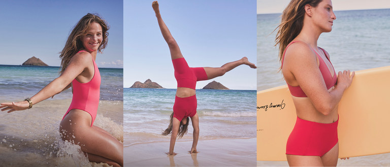 Betty Suit in Rescue, Rays Top & Super Moves Short in Sweet Chili Heat, Plunge Top and Barrel Bottom with surfboard