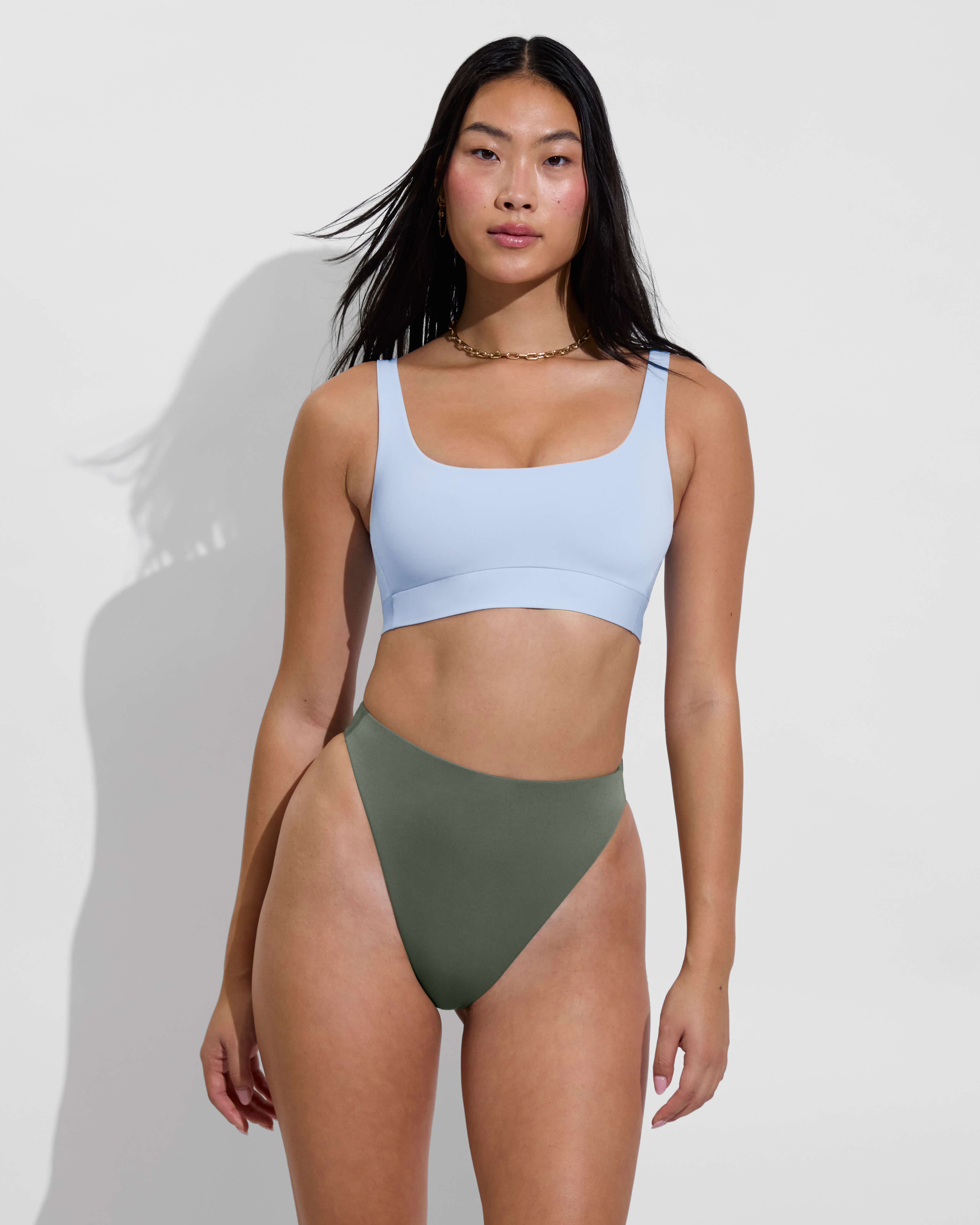 Double Scoop Top - Blue Skies + Super Hi Hi Bottom - Agave (Size S)
