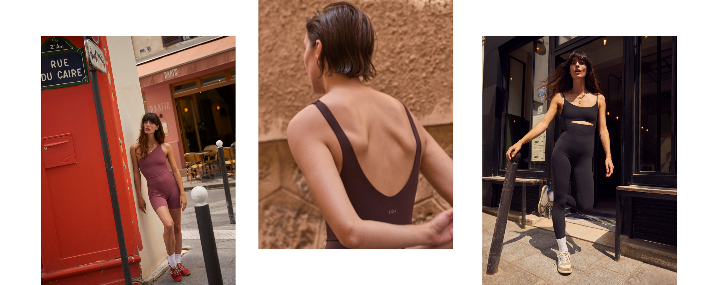 Shoreline Playsuit in Desert Plum, Plunge Playsuit in Cold Brew & Peak Playsuit in Jet