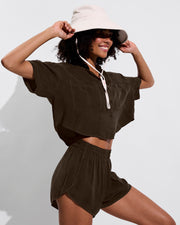 Day Trip Button Down *Cropped (Size S/M) + Day Trip Short - Cold Brew (Size S) + Shady Bucket Hat - Sugar