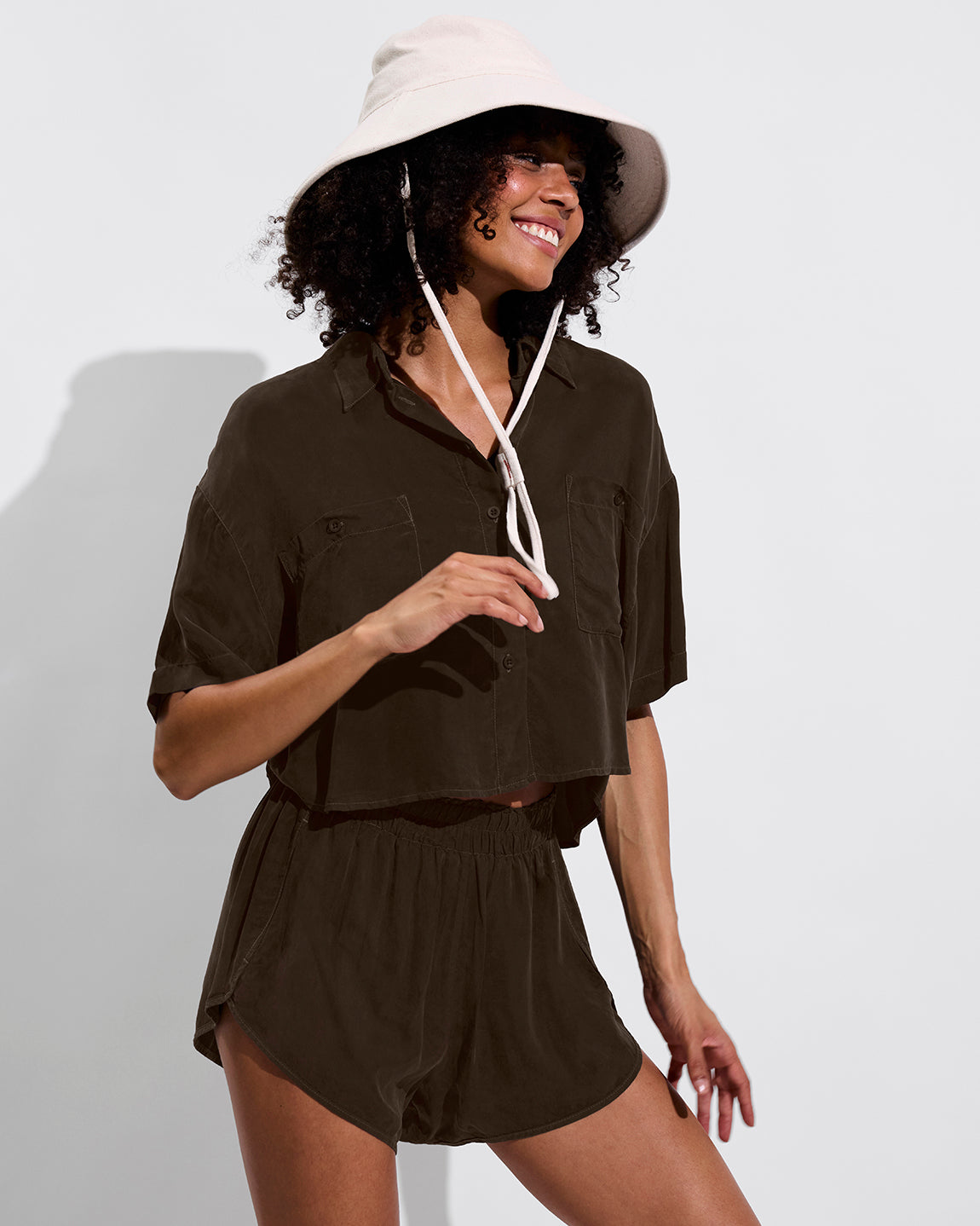 Day Trip Button Down *Cropped (Size S/M) + Day Trip Short - Cold Brew (Size S) + Shady Bucket Hat - Sugar