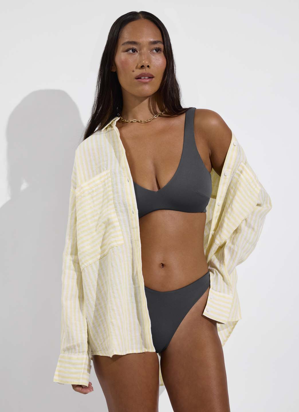 Sunday Top D+ (32DD, Size S) + Dip Bottom - Eclipse + Getaway Button Down - Bungalow Stripe: Melt / Coconut (Size S/M)