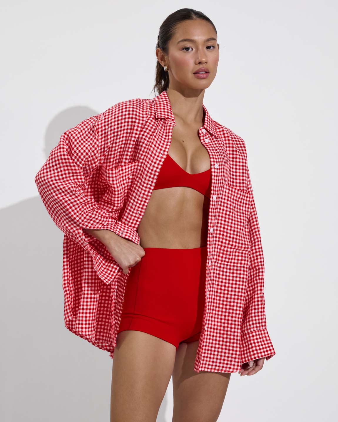 Getaway Button Down - Gingham: Sweet Chili Heat / Coconut (Size S/M) + Plunge Top - Sweet Chili Heat (Size S)