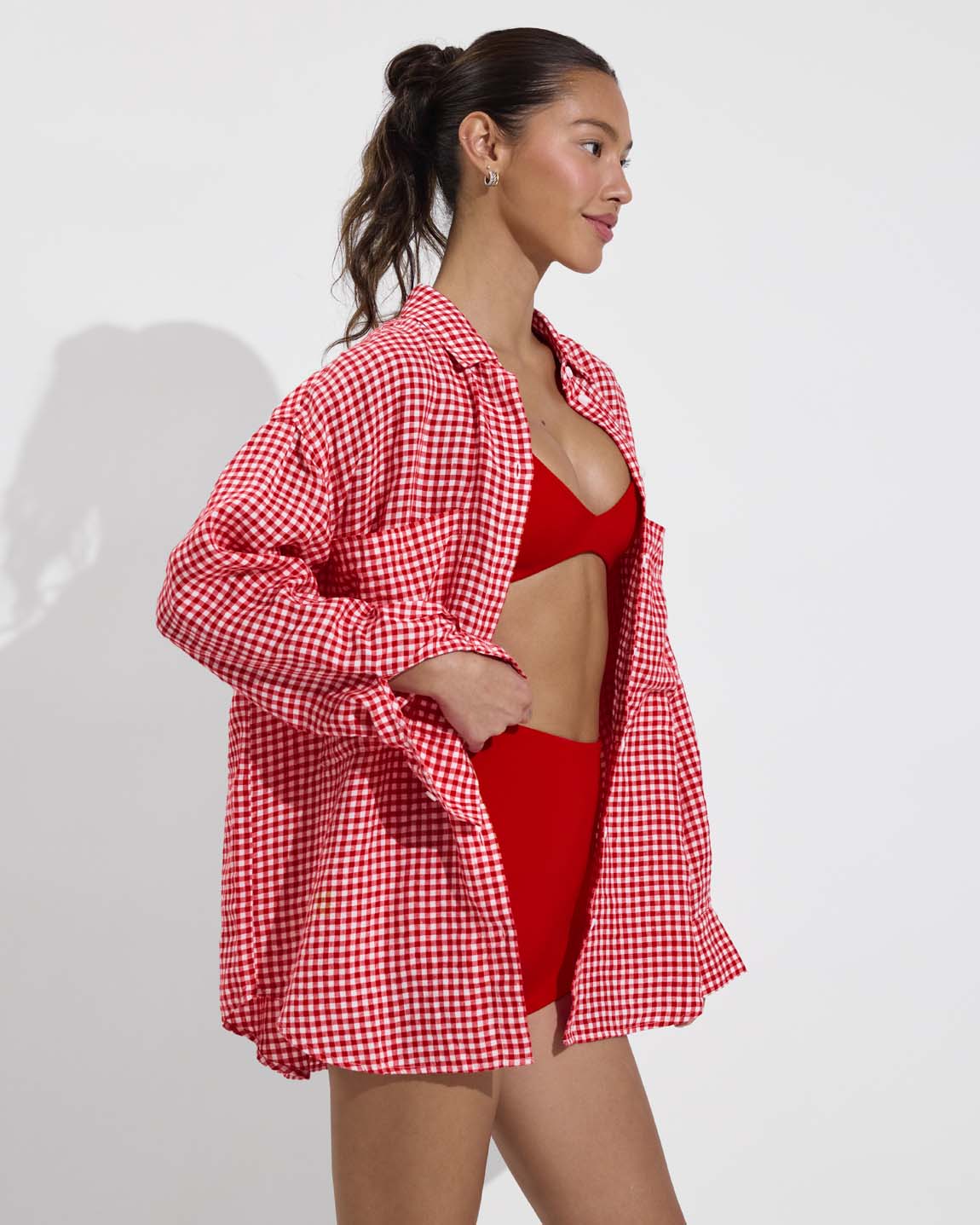 Getaway Button Down - Gingham: Sweet Chili Heat / Coconut (Size S/M) + Plunge Top - Sweet Chili Heat (Size S)