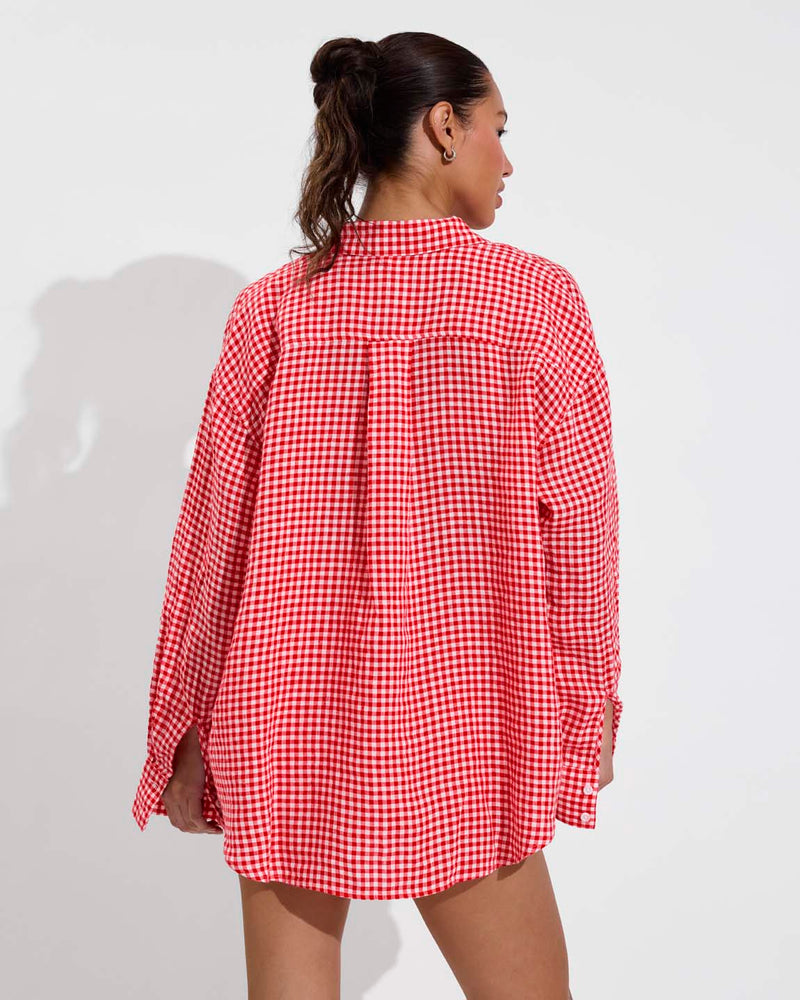 Getaway Button Down - Gingham: Sweet Chili Heat / Coconut (Size S/M)