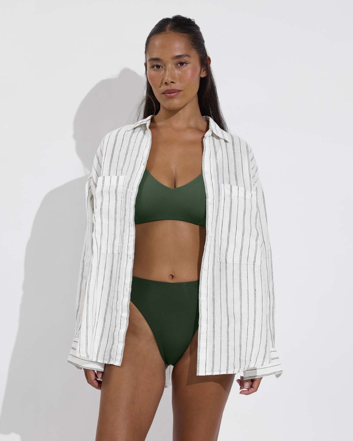 Sunday Top D+ (32DD, Size S) - Tropics + Throwback Bottom - Palm + Getaway Button Down - Sandbar Stripe: Coconut / Tropics (Size S/M)