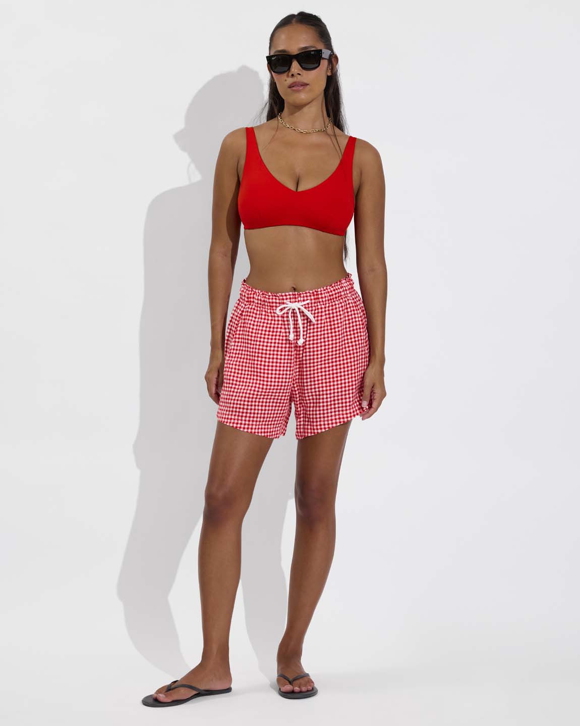 Sunday Top D+ - Sweet Chili Heat (32DD, Size S) + Getaway Short 5" - Gingham: Sweet Chili Heat / Coconut (Size S)