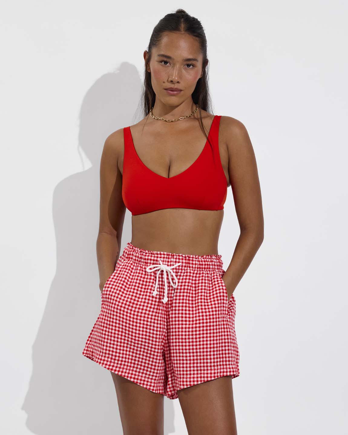 Sunday Top D+ - Sweet Chili Heat (32DD, Size S) + Getaway Short 5" - Gingham: Sweet Chili Heat / Coconut (Size S)