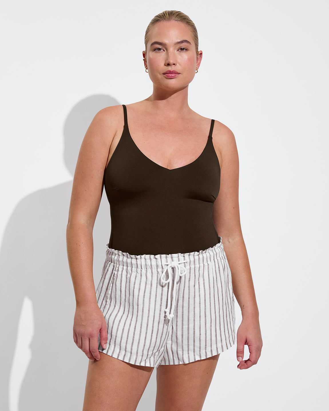 Sunday Suit D+ (36DD, Size L) - Cold Brew + Getaway Short - Classic Stripe: Stormy / Coconut (Size L)