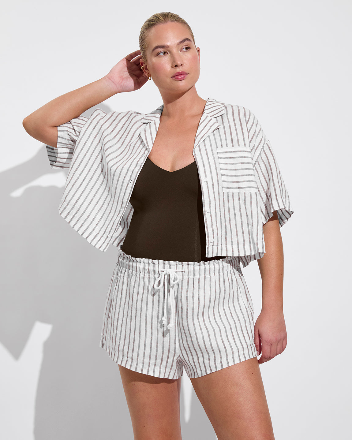 Sunday Suit D+ (36DD, Size L) - Cold Brew + Leisure Shirt + Getaway Short - Classic Stripe: Stormy / Coconut (Size L)